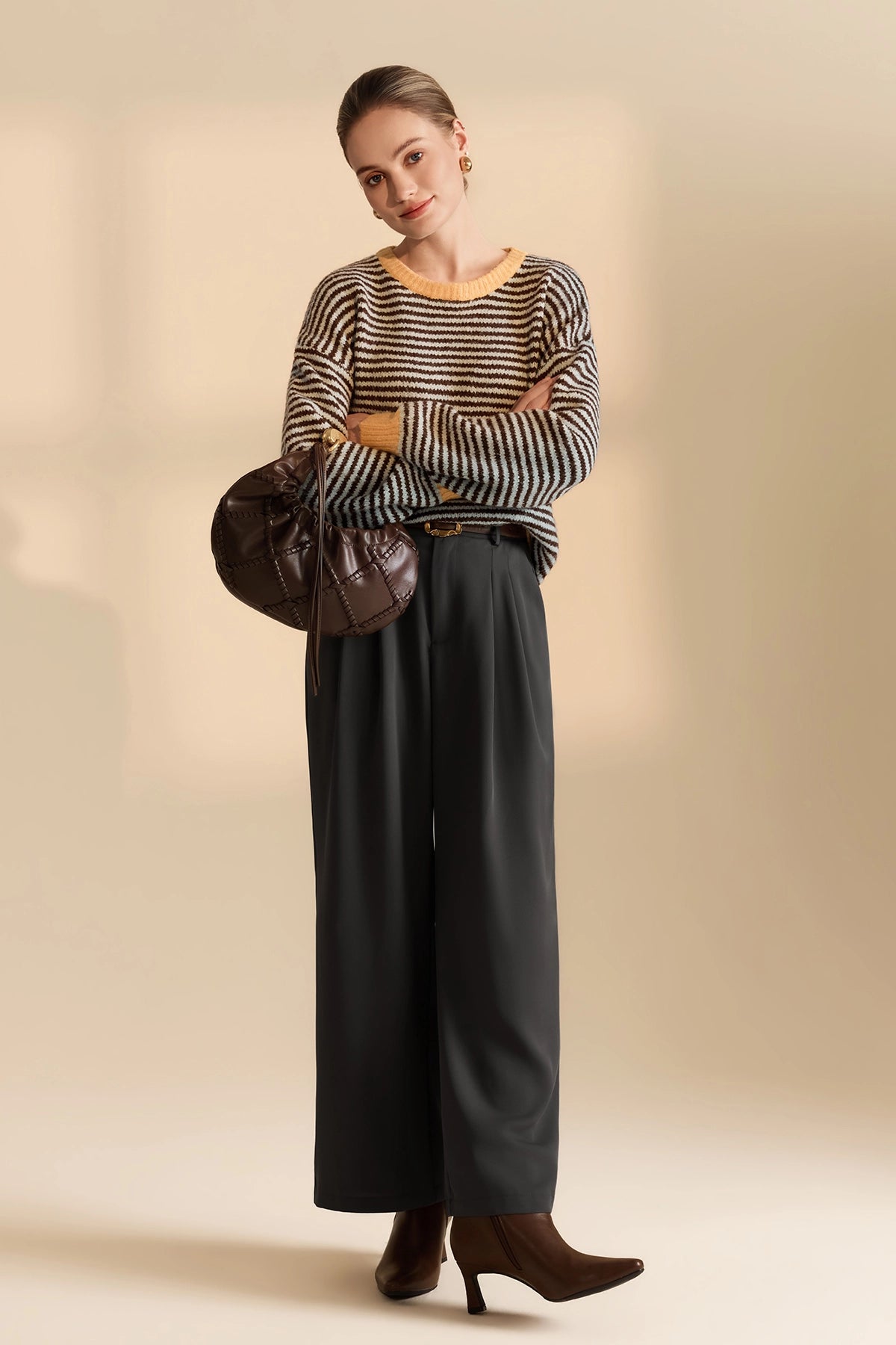 Womens Coffee Color Block Striped Sweater | CicyBell