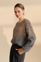 Womens Coffee Color Block Striped Sweater | CicyBell