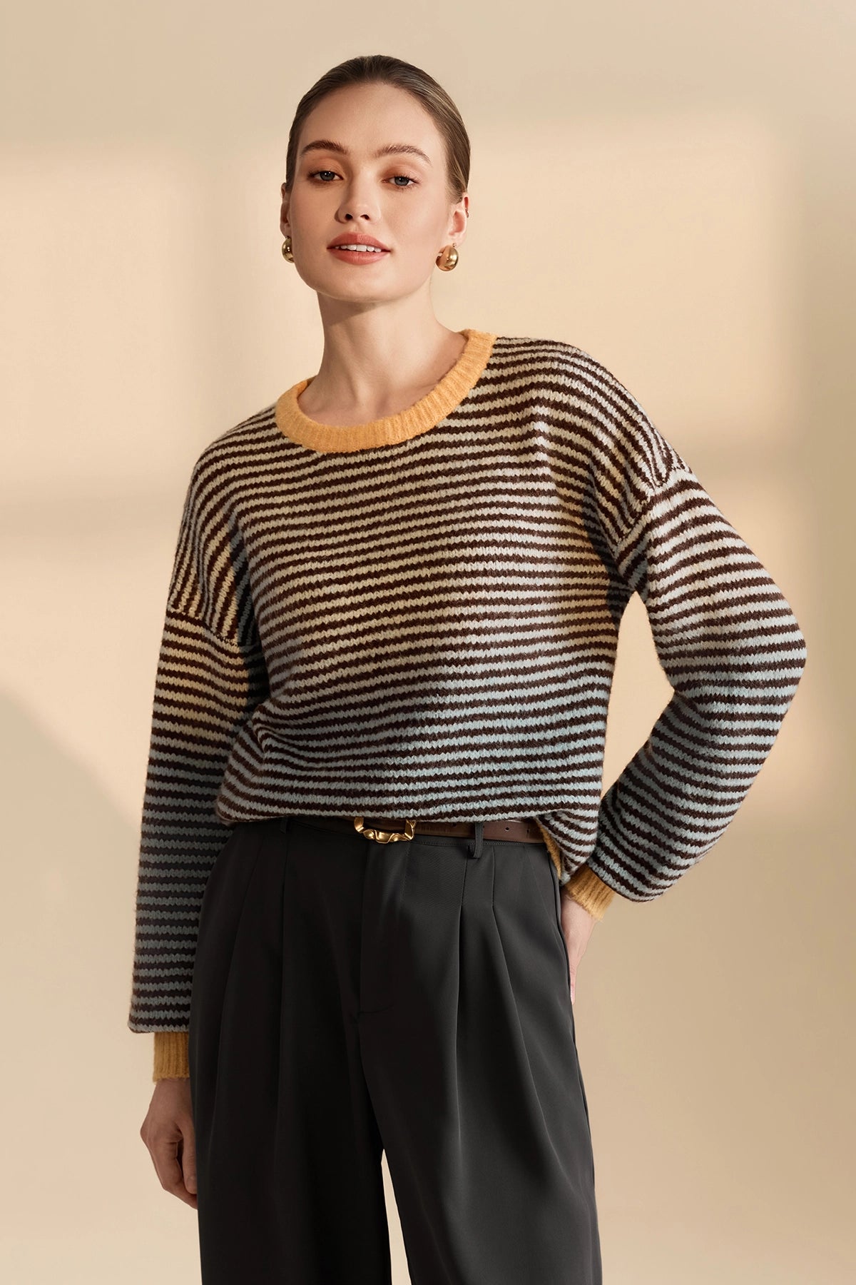 Womens Coffee Color Block Striped Sweater | CicyBell