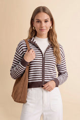 Womens Coffee Striped Cardigan Sweaters | CicyBell