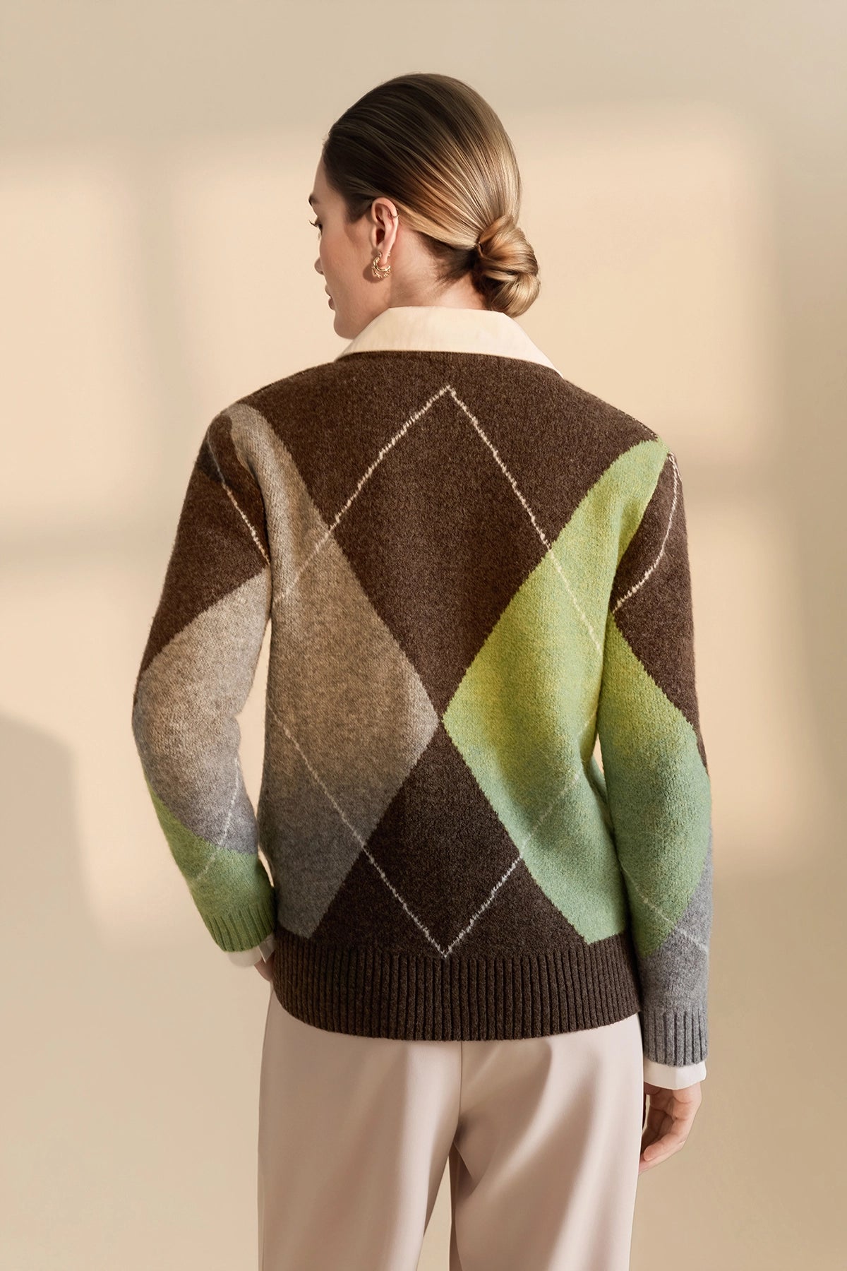 Womens Coffee V Neck Argyle Sweaters| CicyBell