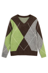 Womens Coffee V Neck Argyle Sweaters| CicyBell