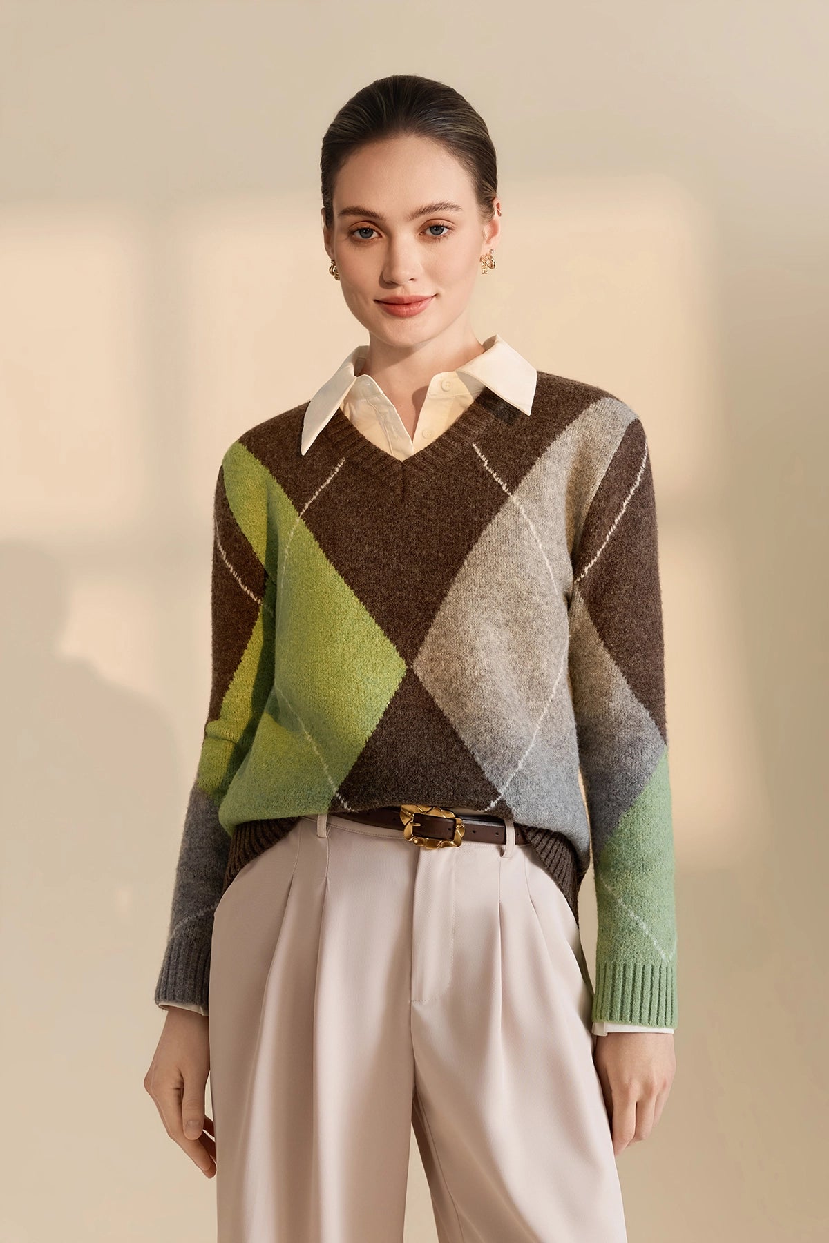 Womens Coffee V Neck Argyle Sweaters| CicyBell