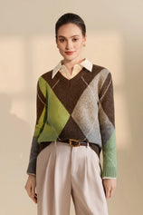 Womens Coffee V Neck Argyle Sweaters| CicyBell