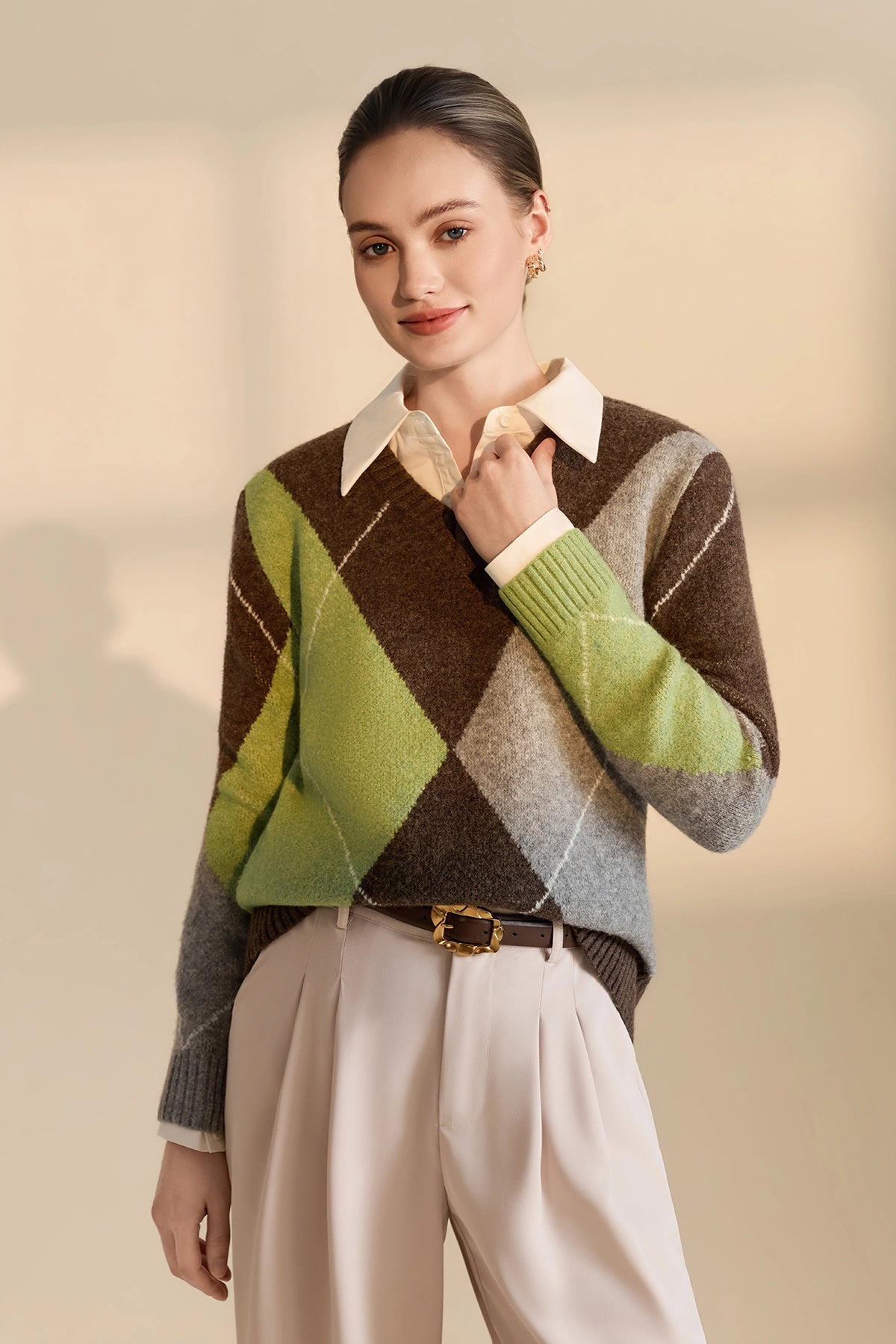 Womens Coffee V Neck Argyle Sweaters| CicyBell