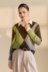 Womens Coffee V Neck Argyle Sweaters| CicyBell