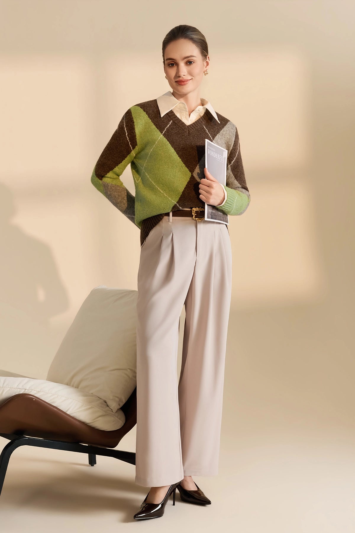 Womens Coffee V Neck Argyle Sweaters| CicyBell
