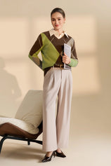 Womens Coffee V Neck Argyle Sweaters| CicyBell