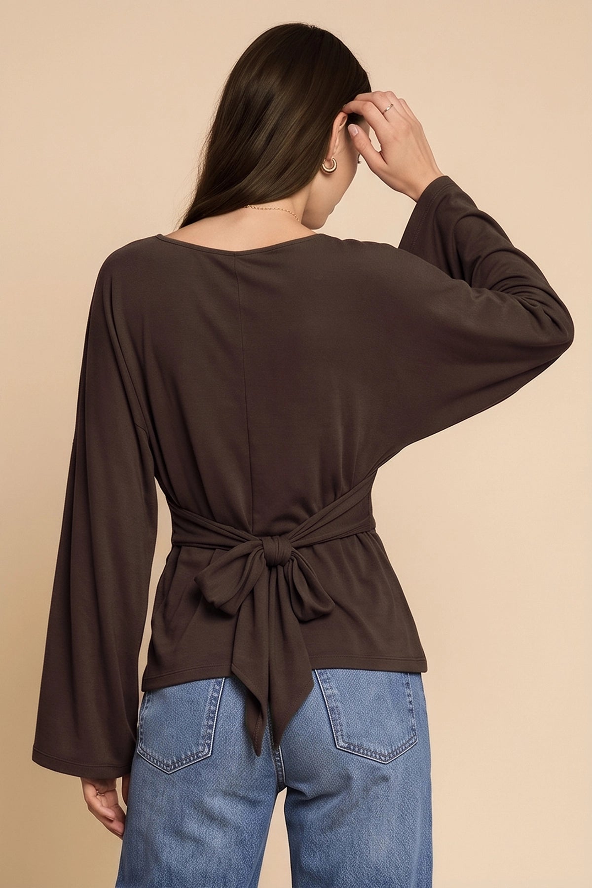 Women Coffee Long Sleeve Wrap Tops | CicyBell