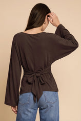 Women Coffee Long Sleeve Wrap Tops | CicyBell