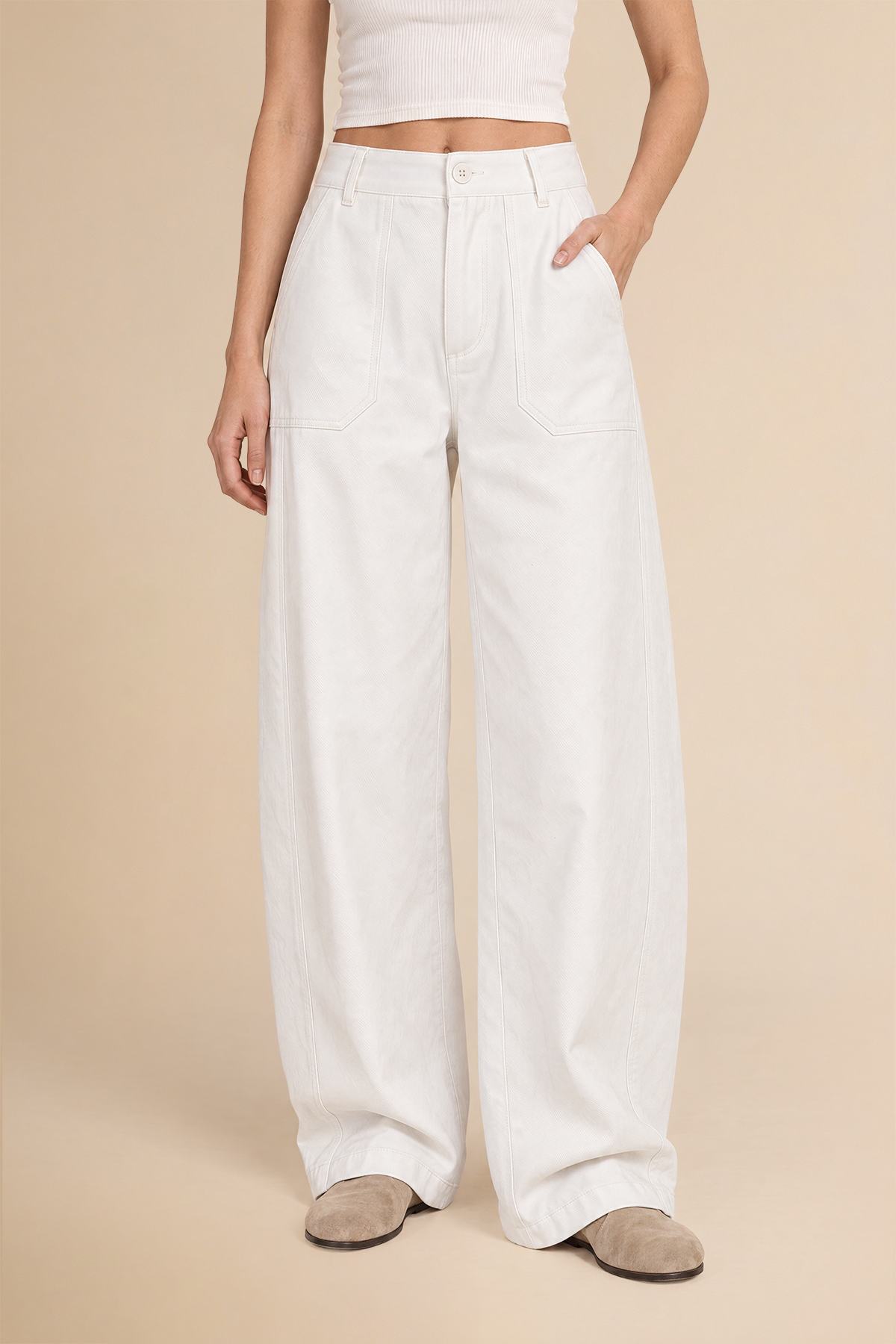 Womens Creamy-white High Waisted Barrel Pants | CicyBell