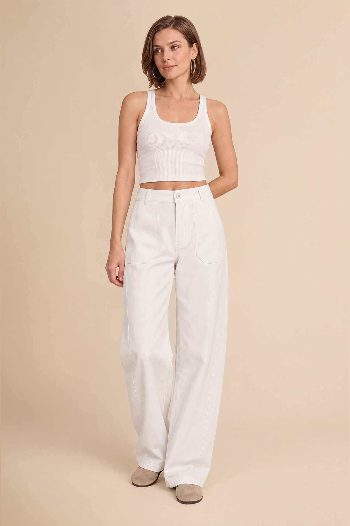 Womens Creamy-white High Waisted Barrel Pants | CicyBell