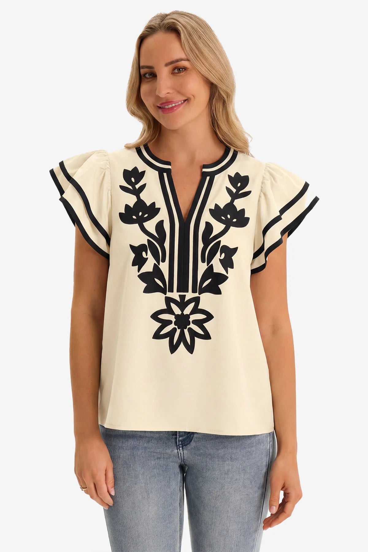 Womens Cute Beige Ruffle Color Block Blouses | CicyBell