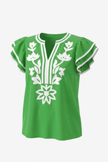 Womens Cute Green Ruffle Color Block Blouses | CicyBell