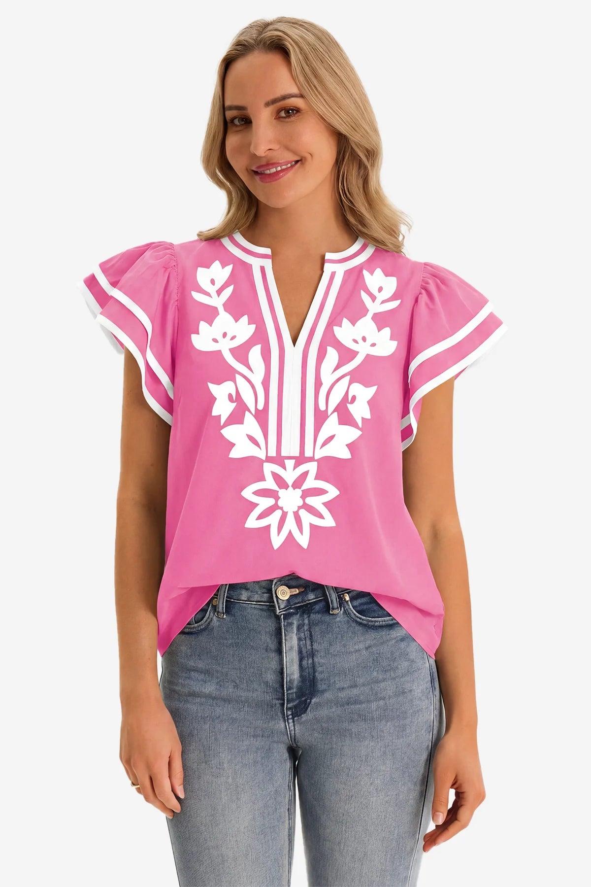 Womens Cute Pink Ruffle Color Block Blouses | CicyBell