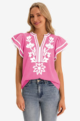 Womens Cute Pink Ruffle Color Block Blouses | CicyBell