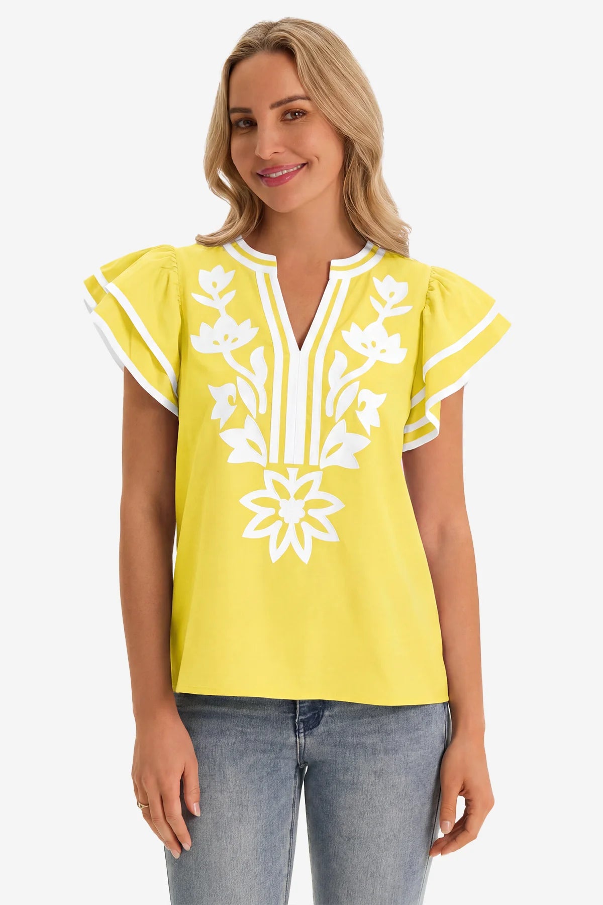 Womens Cute Yellow Ruffle Color Block Blouses | CicyBell