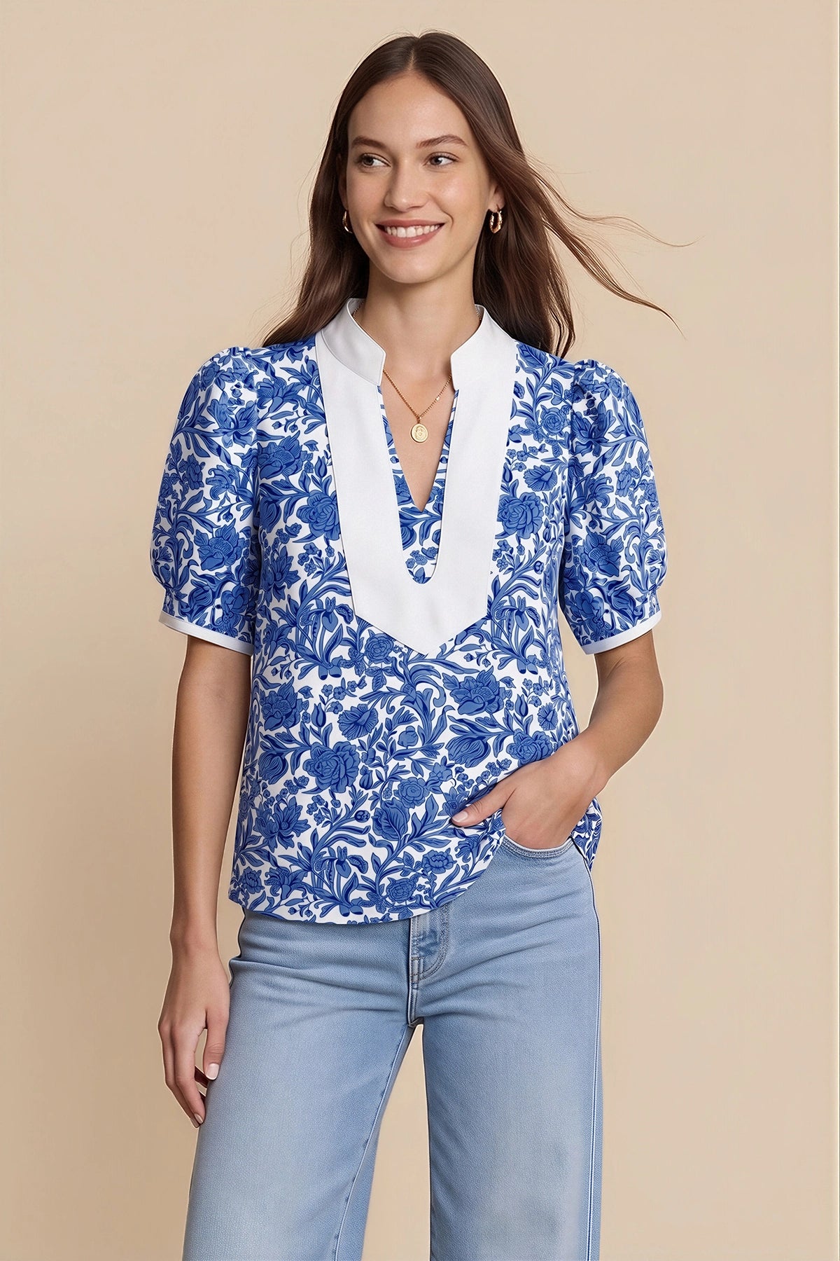 Womens Dark Blue Puff Sleeve Blouses | CicyBell