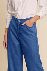 Womens Dark Blue Ruffle Wide Leg Jeans | CicyBell