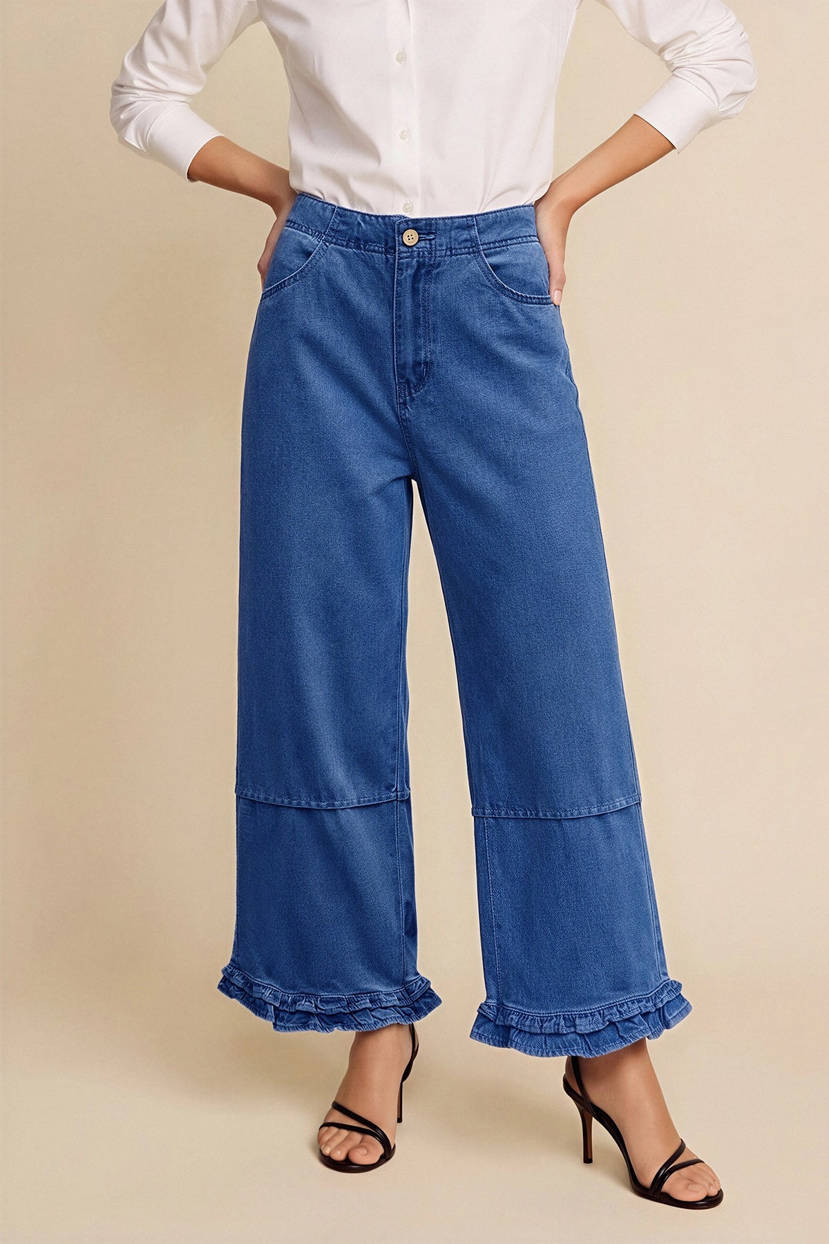 Womens Dark Blue Ruffle Wide Leg Jeans | CicyBell