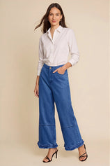 Womens Dark Blue Ruffle Wide Leg Jeans | CicyBell