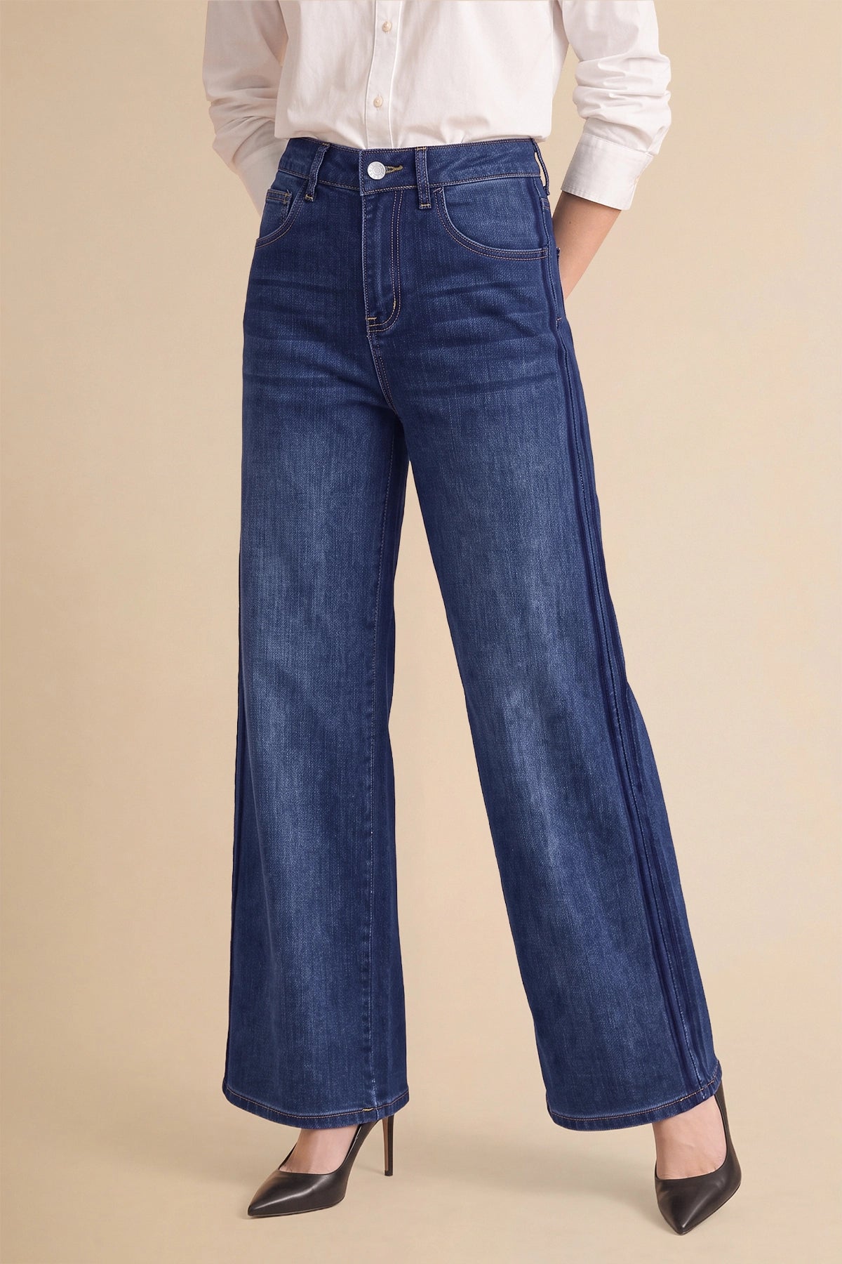 Womens Dark Blue Wide Leg Striped High Waisted Jeans | Cicy Bell