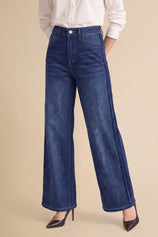 Womens Dark Blue Wide Leg Striped High Waisted Jeans | Cicy Bell