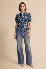 Womens Dark Blue Floral Printed Button Down Shirts | CicyBell