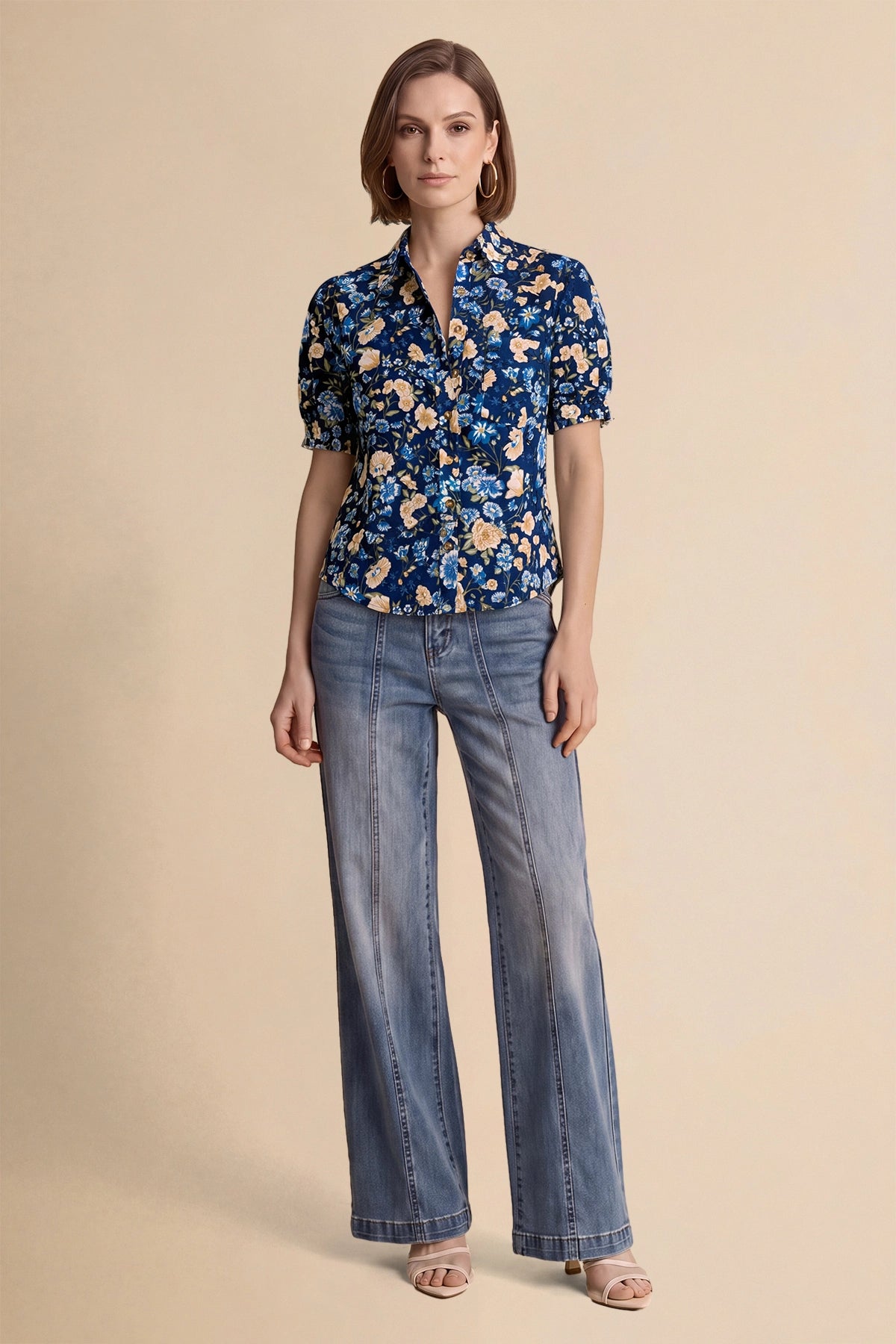 Womens Dark Blue Floral Printed Button Down Shirts | CicyBell