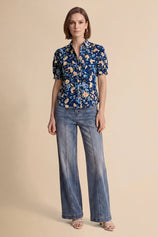 Womens Dark Blue Floral Printed Button Down Shirts | CicyBell
