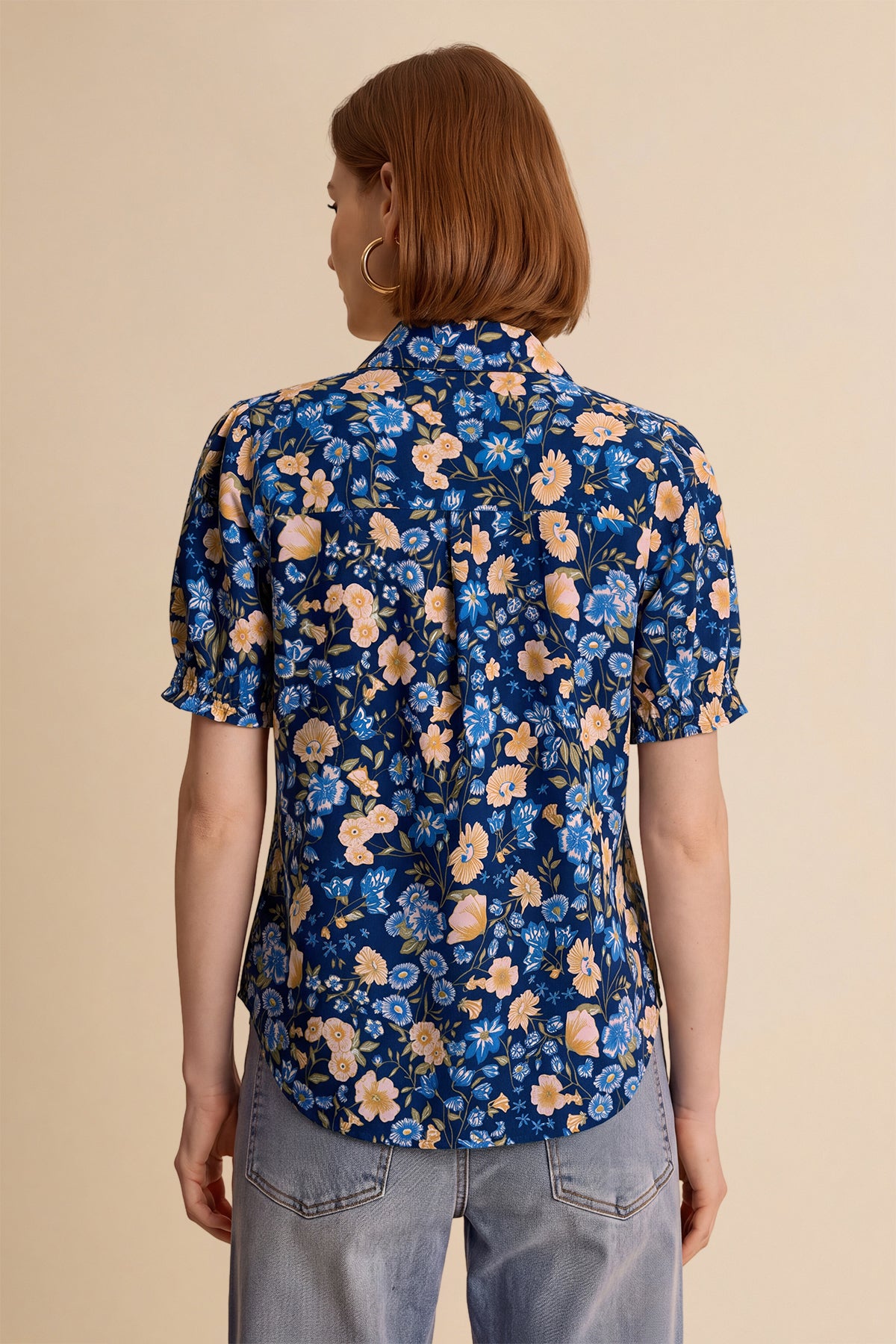 Womens Dark Blue Floral Printed Button Down Shirts | CicyBell