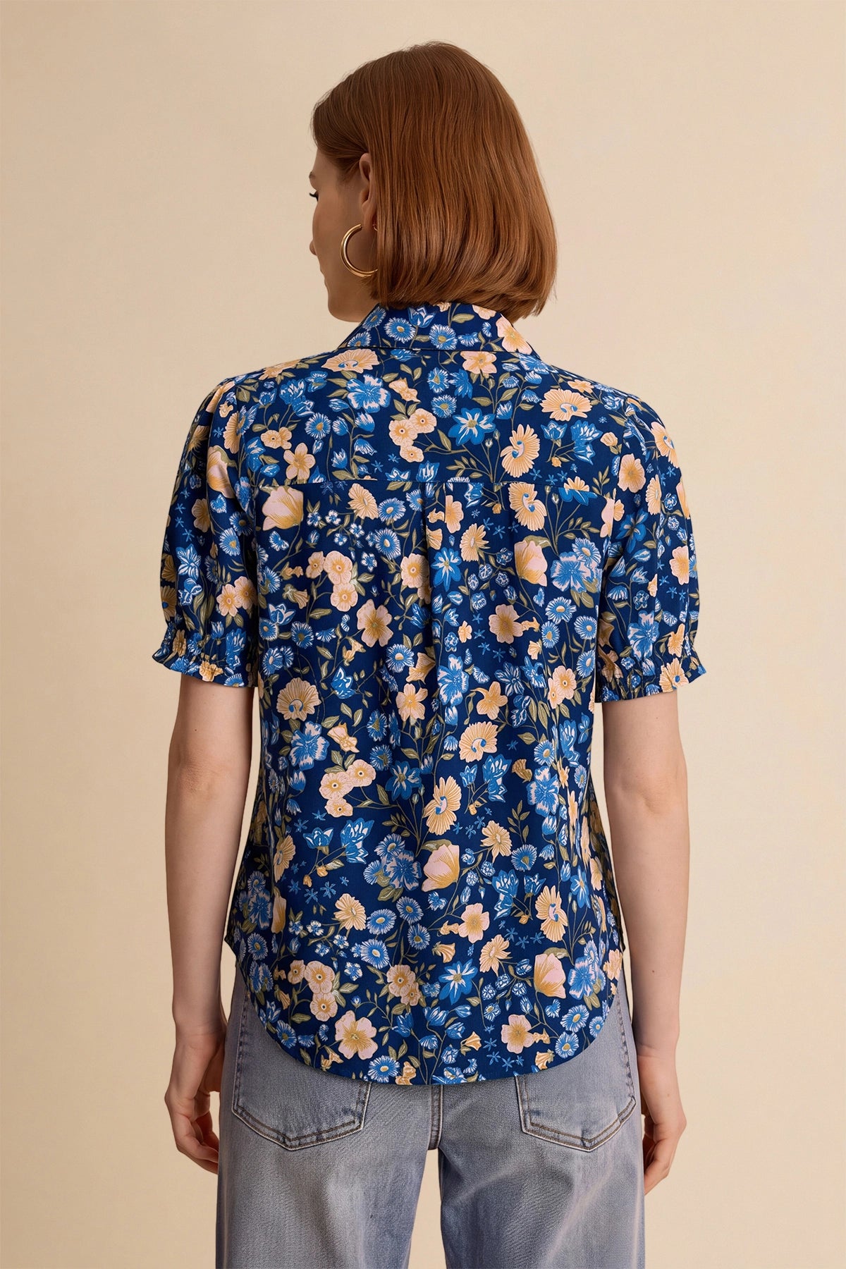 Womens Dark Blue Floral Printed Button Down Shirts | CicyBell