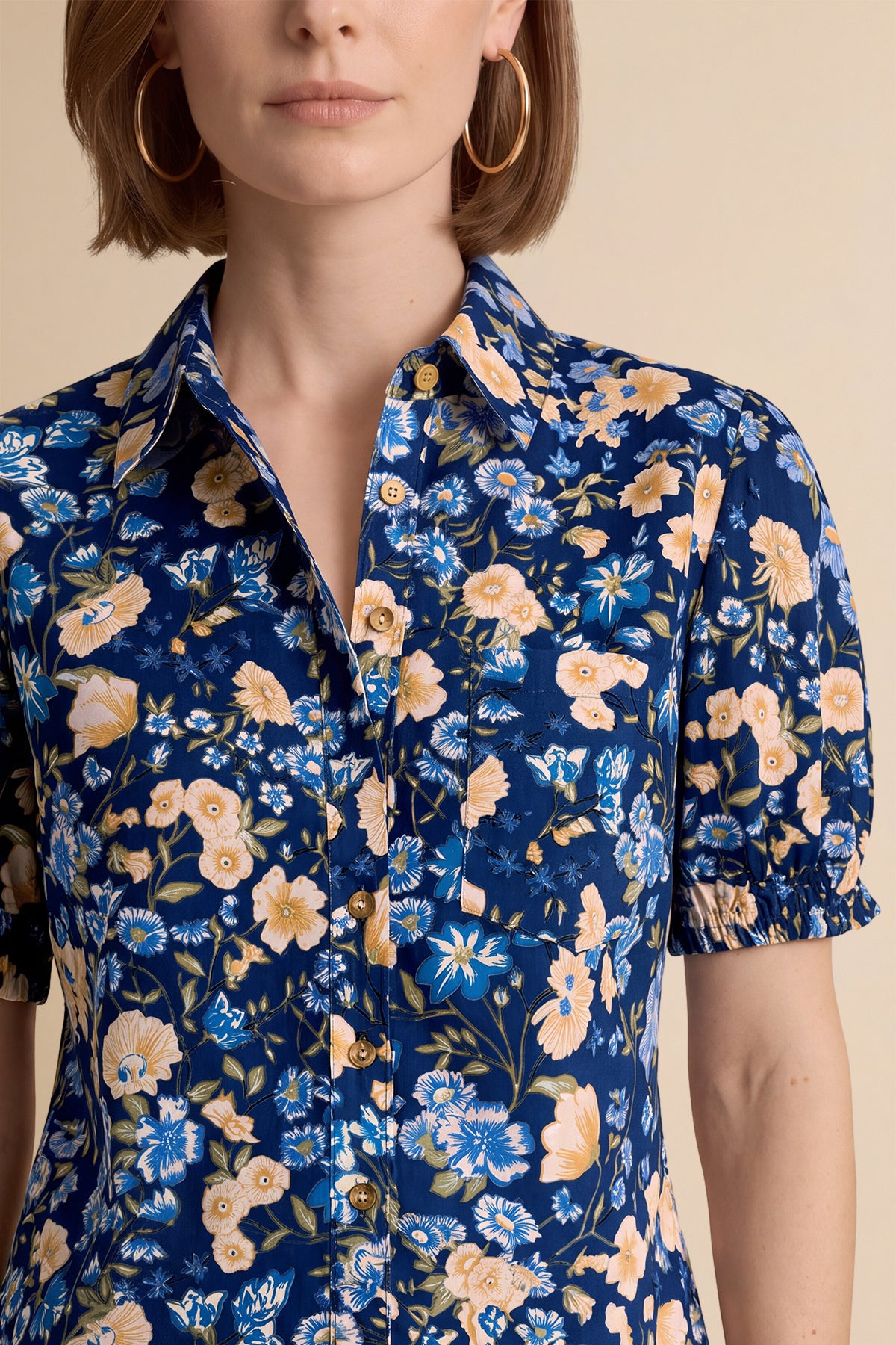 Womens Dark Blue Floral Printed Button Down Shirts | CicyBell