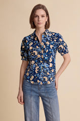 Womens Dark Blue Floral Printed Button Down Shirts | CicyBell