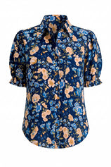Womens Dark Blue Floral Printed Button Down Shirts | CicyBell