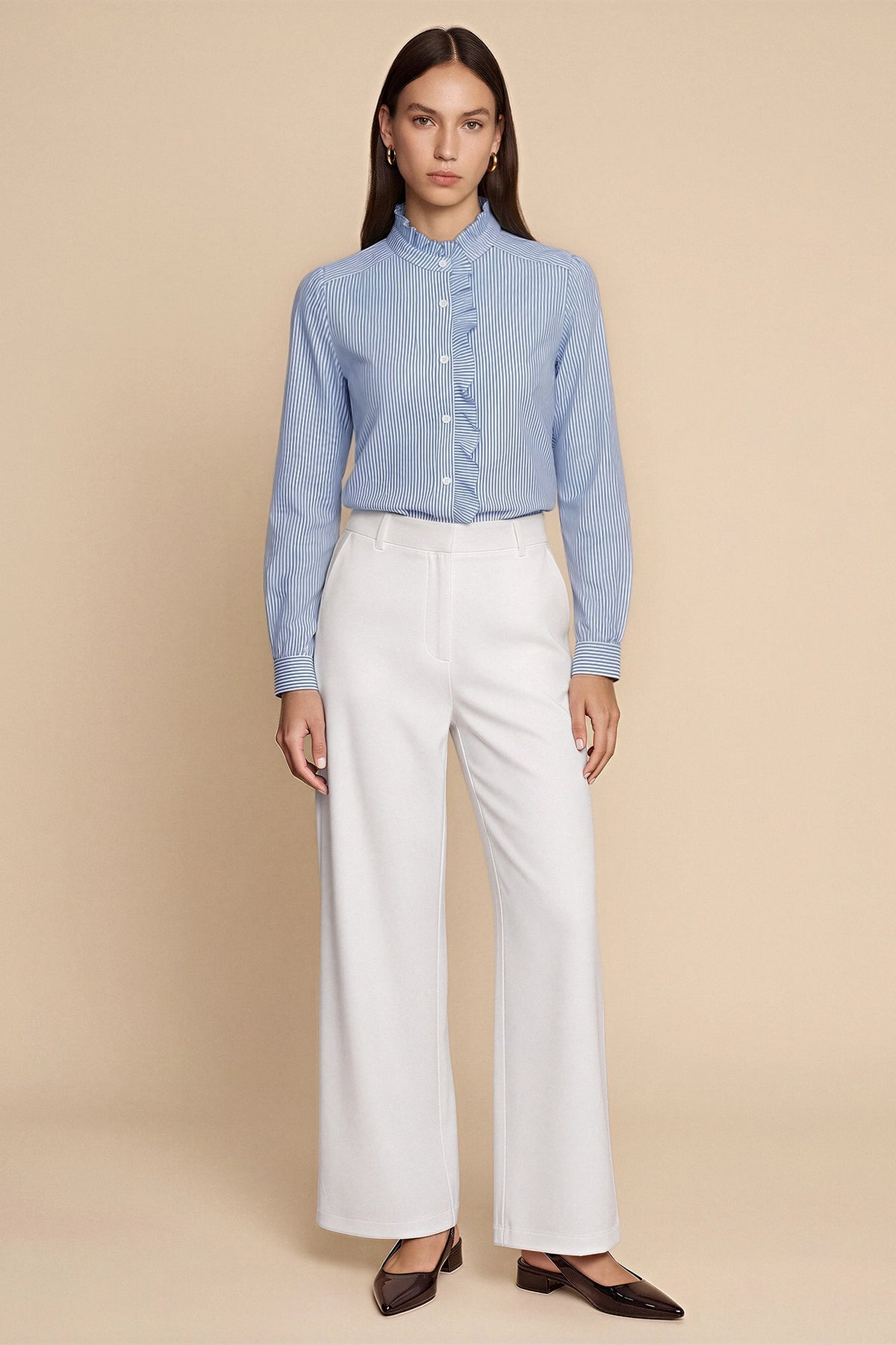 Womens Dark Blue Ruffle Striped Button Down Shirts | CicyBell