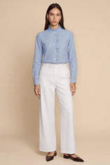 Womens Dark Blue Ruffle Striped Button Down Shirts | CicyBell