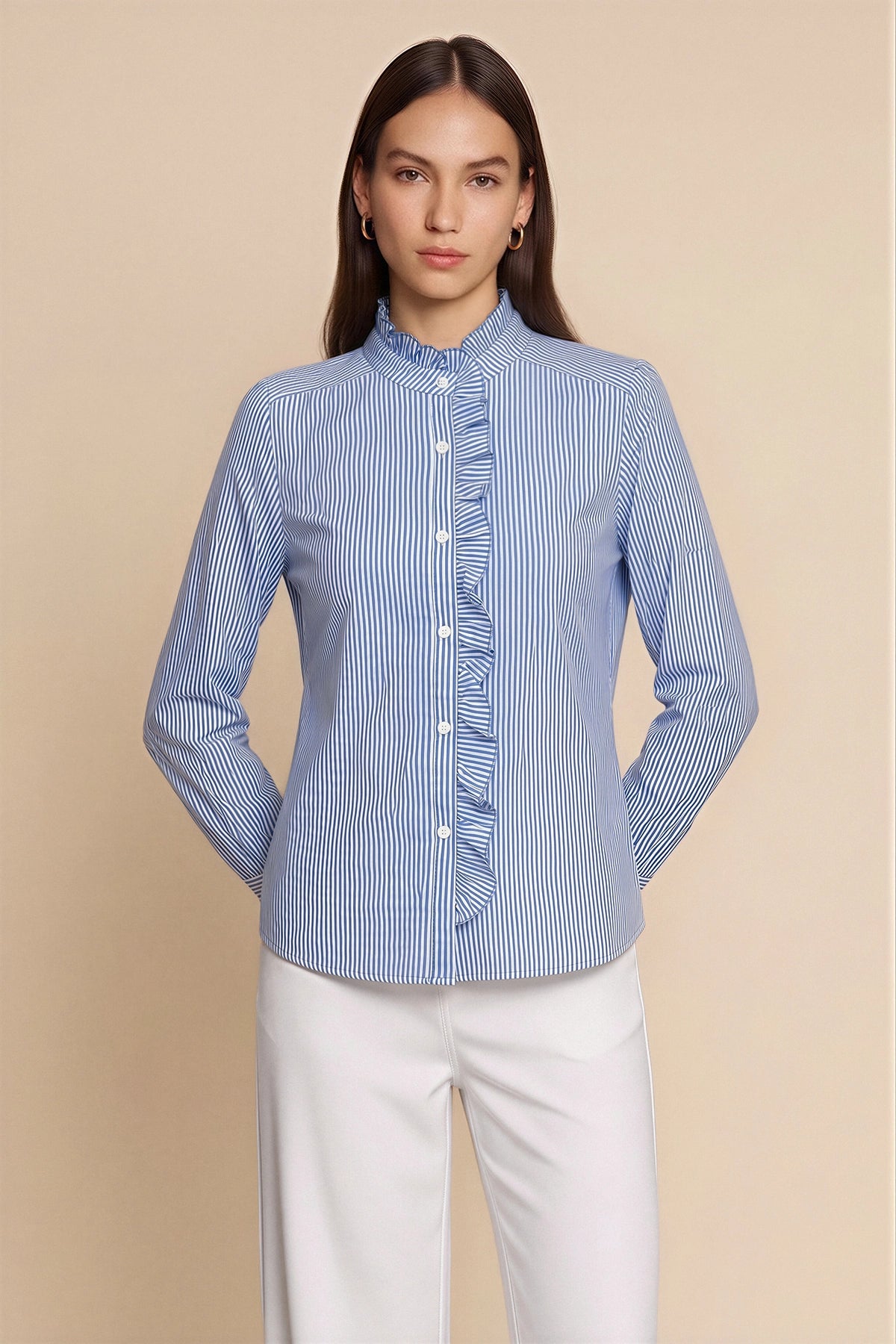 Womens Dark Blue Ruffle Striped Button Down Shirts | CicyBell