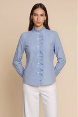 Womens Dark Blue Ruffle Striped Button Down Shirts | CicyBell
