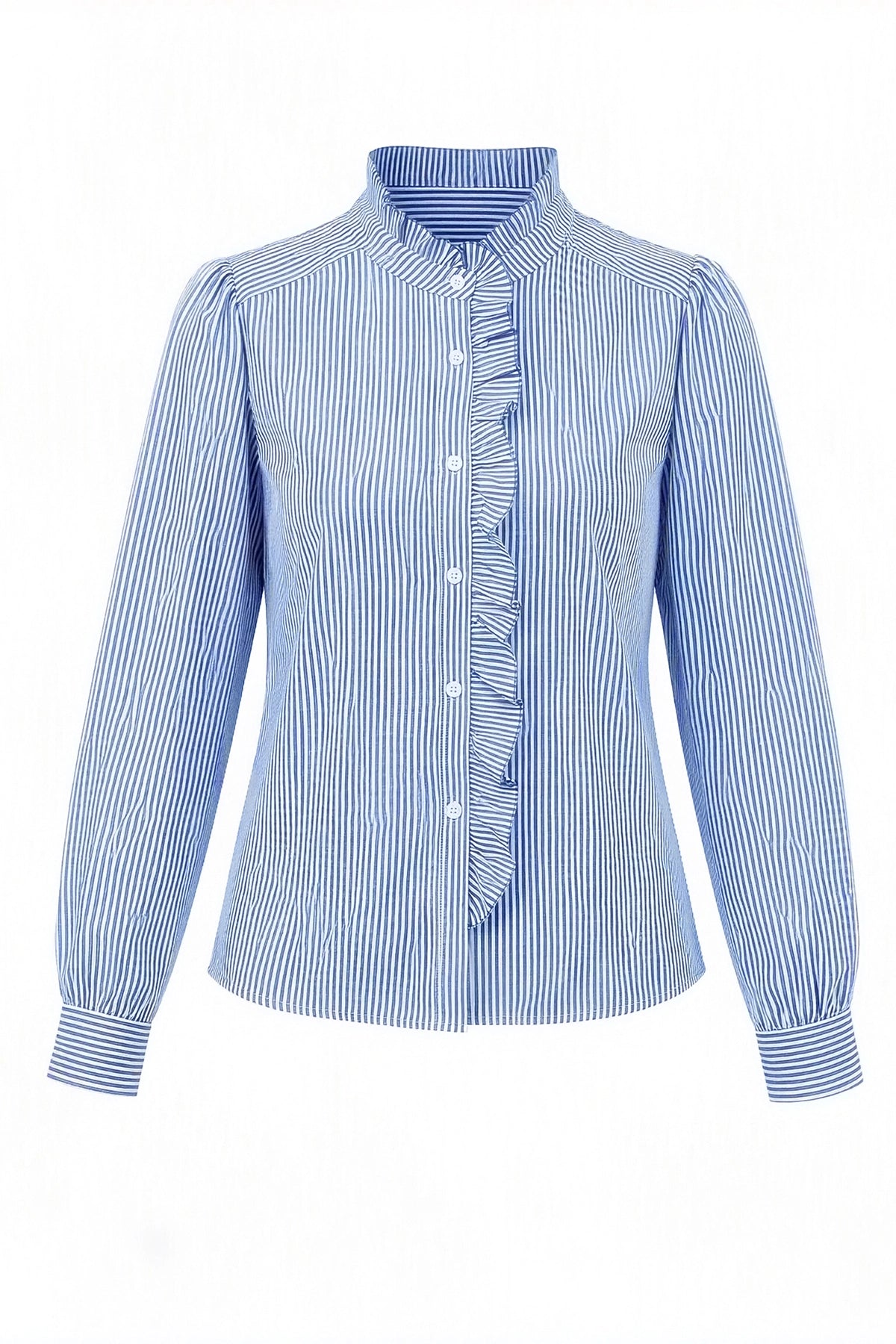Womens Dark Blue Ruffle Striped Button Down Shirts | CicyBell
