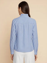 Womens Dark Blue Ruffle Striped Button Down Shirts | CicyBell