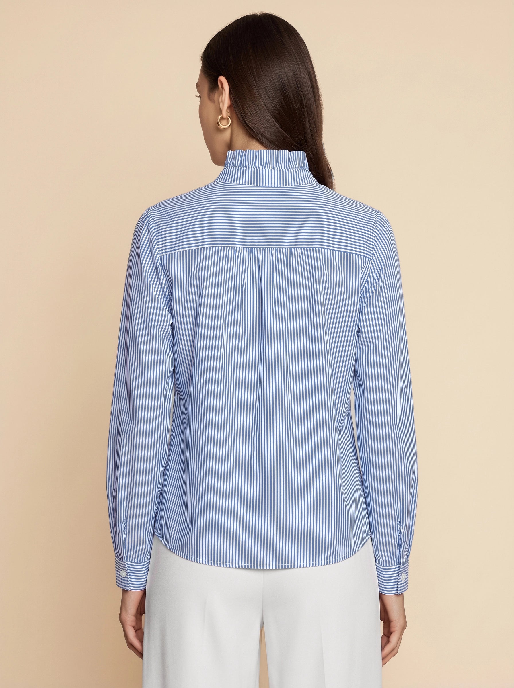 Womens Dark Blue Ruffle Striped Button Down Shirts | CicyBell
