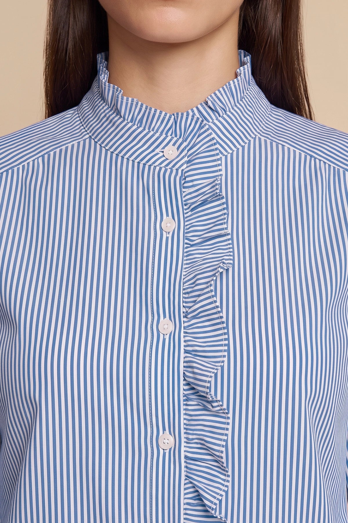 Womens Dark Blue Ruffle Striped Button Down Shirts | CicyBell