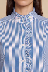 Womens Dark Blue Ruffle Striped Button Down Shirts | CicyBell