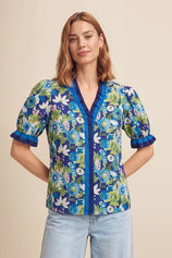 Womens Dark Blue Floral Puff Short Sleeve Tops  | CicyBell
