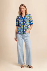 Womens Dark Blue Floral Puff Short Sleeve Tops  | CicyBell