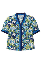 Womens Dark Blue Floral Puff Short Sleeve Tops  | CicyBell