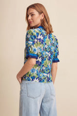 Womens Dark Blue Floral Puff Short Sleeve Tops  | CicyBell