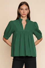 Womens Dark Green Puff Sleeve V Neck Blouse | CicyBell