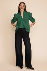 Womens Dark Green Puff Sleeve V Neck Blouse | CicyBell
